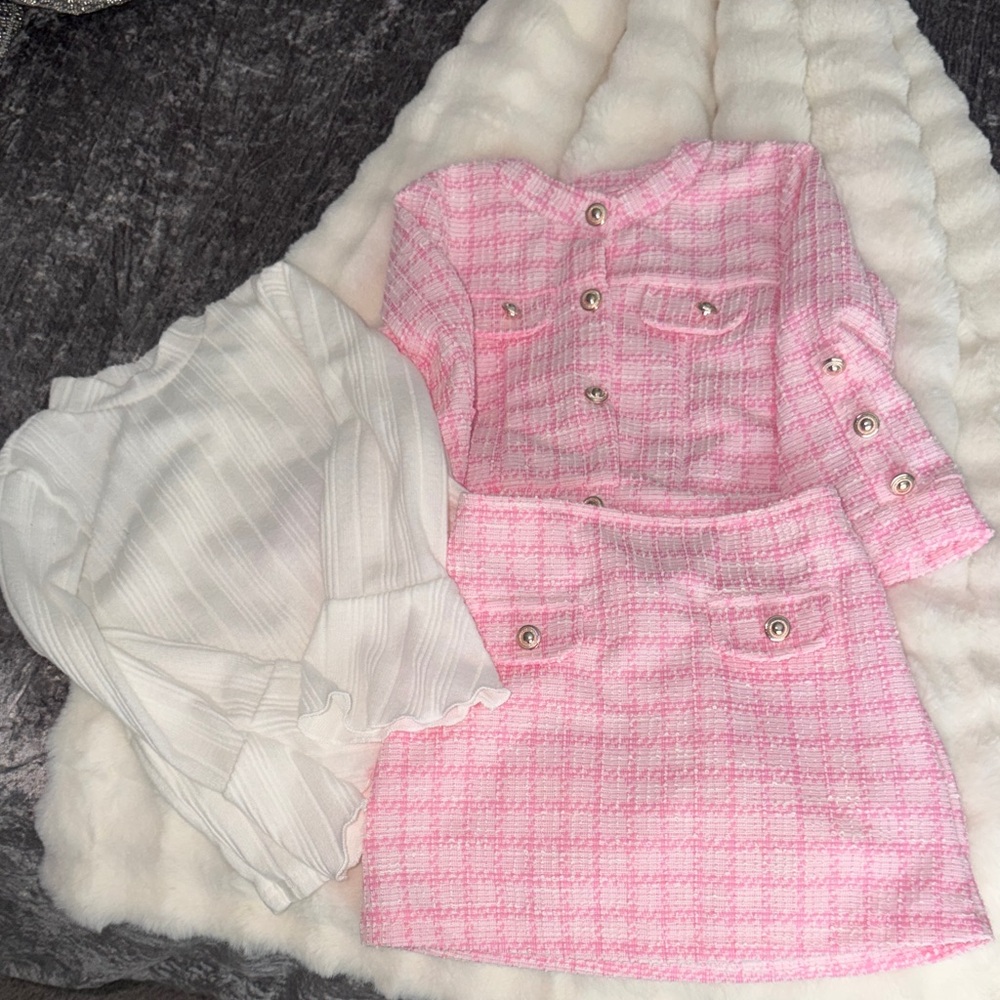 Pink Tweed Two-Piece Set with Pearl Buttons + Shirt with bell sleeves